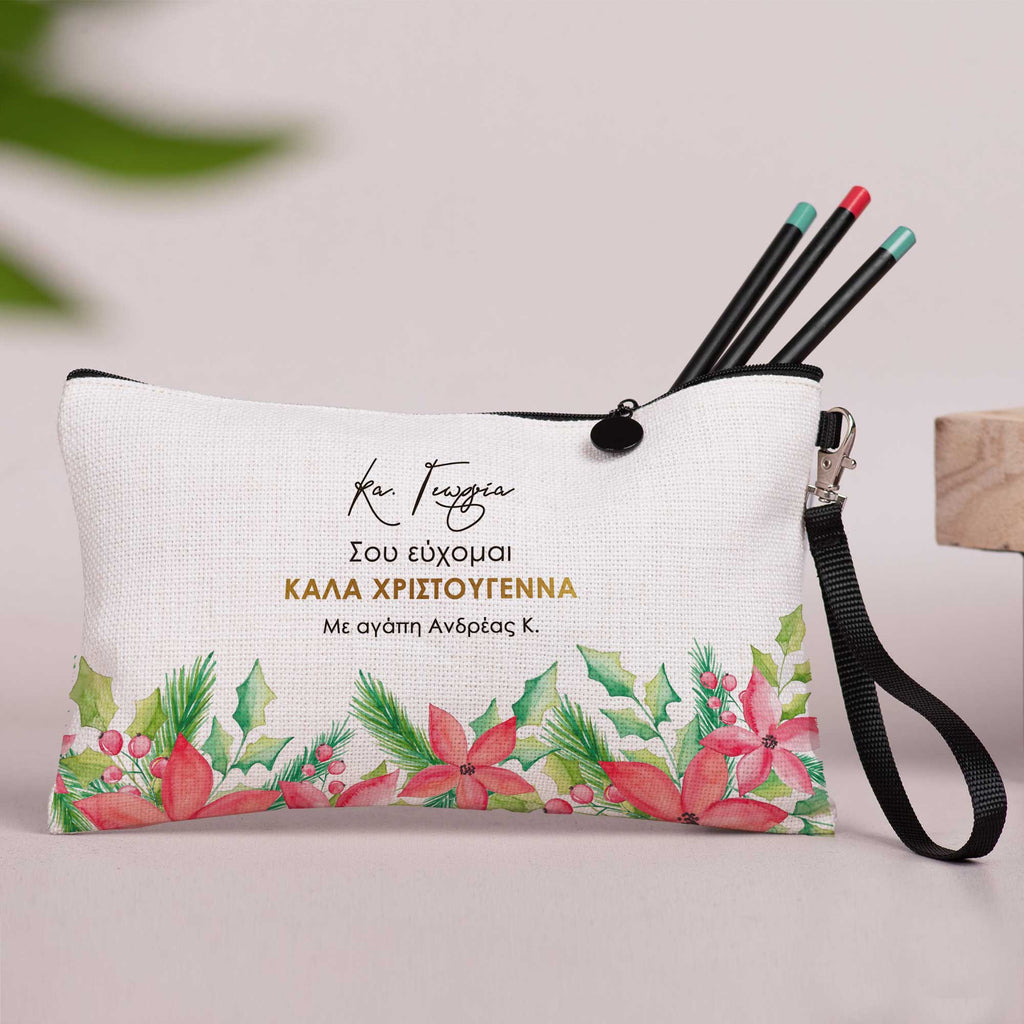 Poinsettia Flowers - Linen Pencil Case