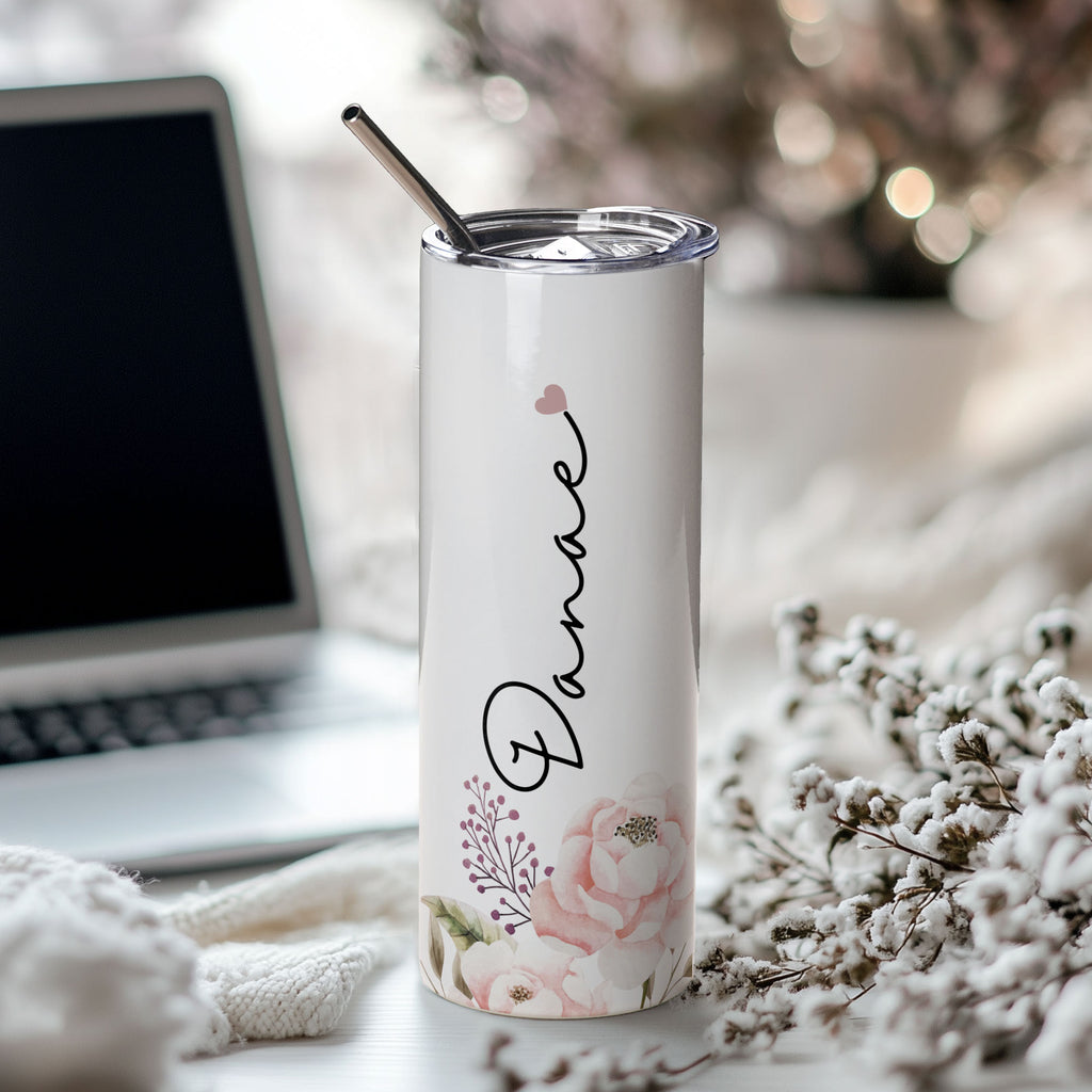 Names & Flowers - Stainless Steel Skinny Tumbler With Straw