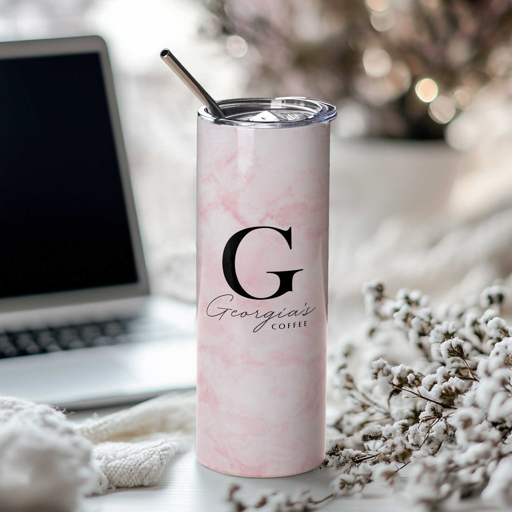 Pink Marble - Stainless Steel Skinny Tumbler With Straw