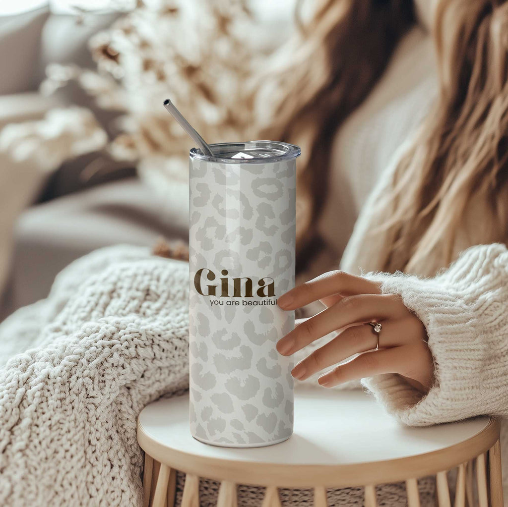 Animal Print- Stainless Steel Skinny Tumbler With Straw