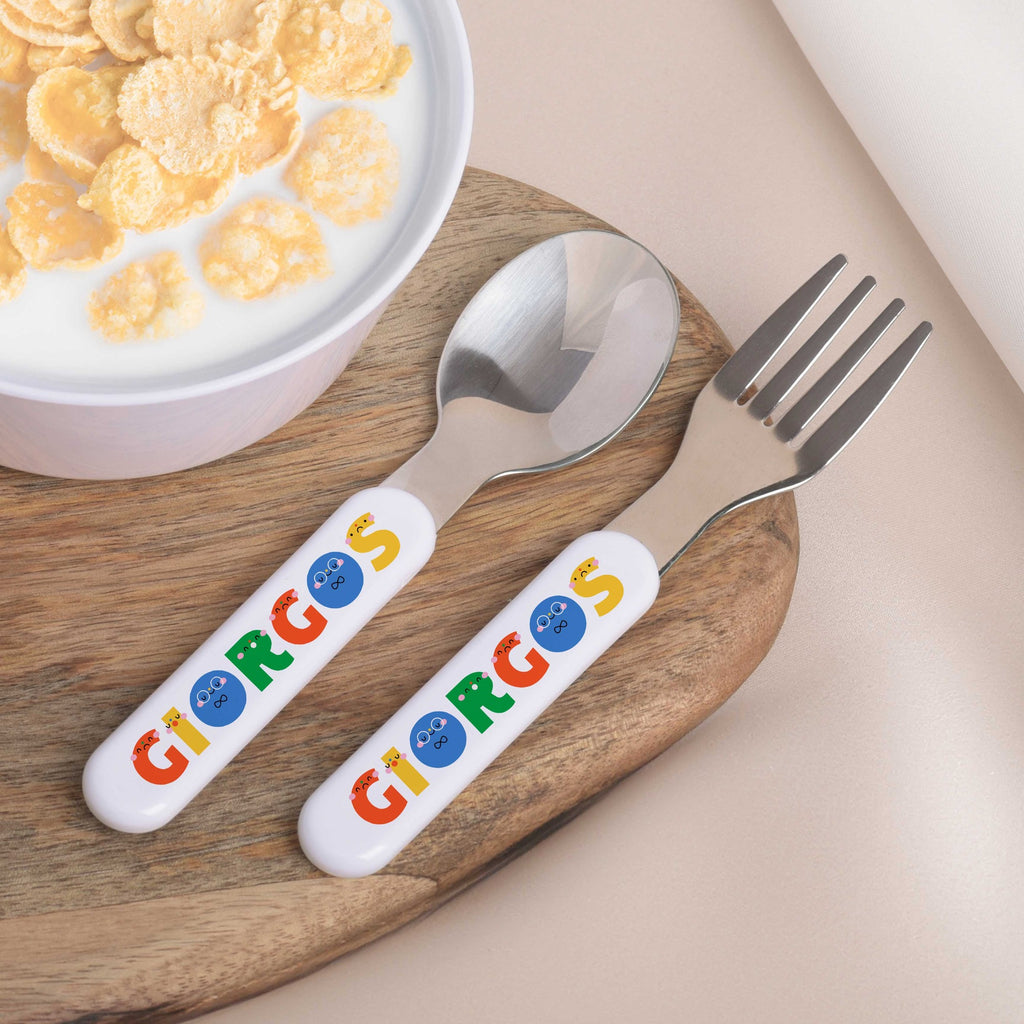 Kids Spoon/Fork Set - Smiley Colorful Letters